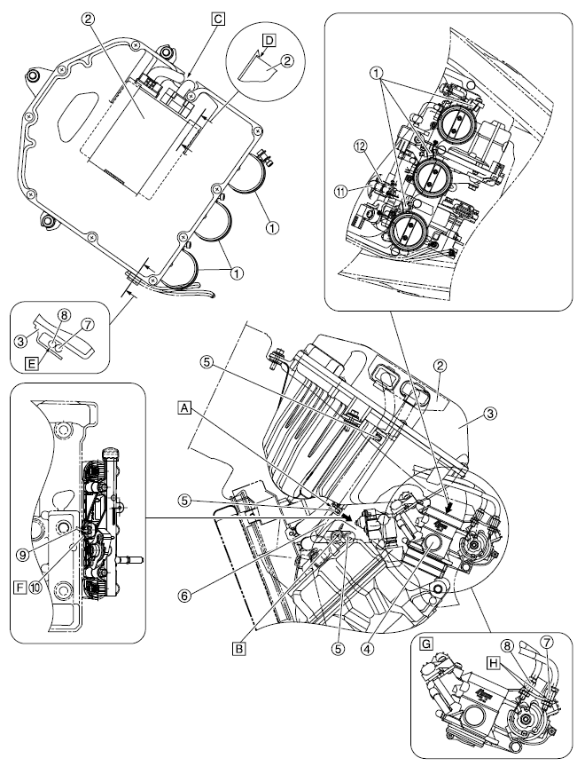 Air filter case and throttle body (top view and left side view)